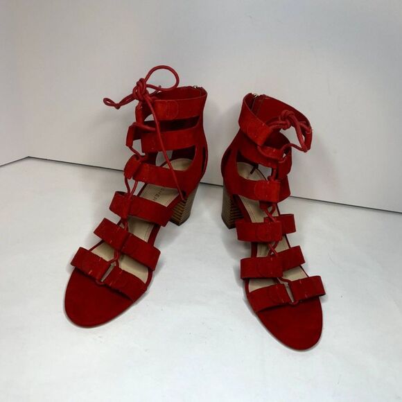 Marc Fisher Red Leather Suede Strappy Lace Heeled Sandals Zip Womens Designer - Picture 4 of 8